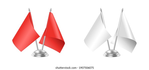 Realistic table flags mockup, red and white template flags for office desk and country or company identity isolated on white background. 3d vector illustration