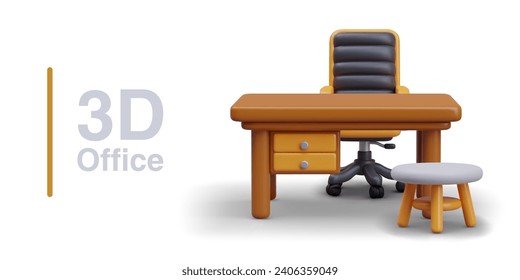 Realistic table, office chair, and small tea table. Composition with modern comfortable furniture for online store. Vector illustration in 3d style on white background