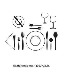 Realistic table setting, arrangement.cutlery fork, knife spoons plate white mock up. Steel, ceramic porcelain kitchenware, flatware. Wooden texture background vector illustration, restaurant menu