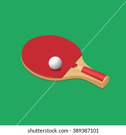 Realistic table tennis racket and ball on a green background with a shadow. Vector illustration.