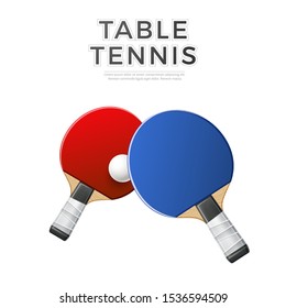 Realistic table tennis rackets with ball and table. Red and blue racquets for sport competition promo design. Vector pingpong sport equipment.