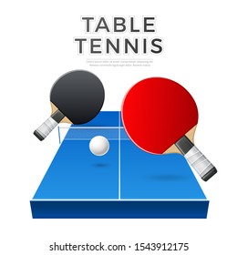 Realistic table tennis rockets with ball and table. Red and blue racquets for sport competition design. Vector pingpong sport equipment.