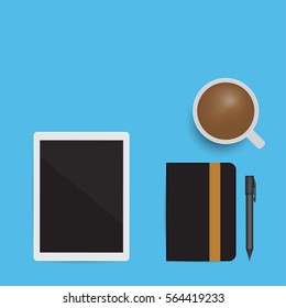 realistic tablet black screen black notebook  pen and coffee cup on blue background, coffee time,  vector illustration