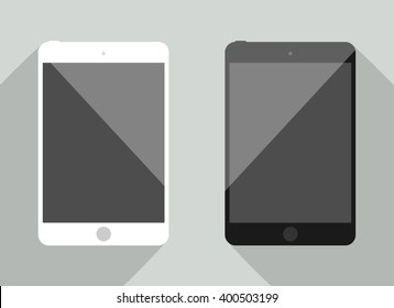 Realistic Tablet Collection In New Ipad Style.  White And Black Flat Device Shiouette With Shadow Isolated On Gray Background. Smart Template For Your Design, Web Site, Development App Mockup.