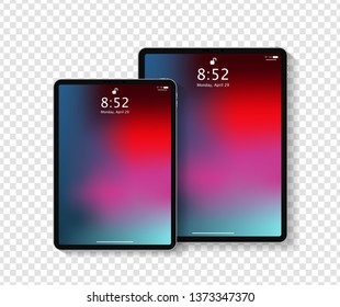 Realistic tablet computer lock screen with abstract colored geometric wallpaper. Big and small modern tablet PC design isolated on transparent background. Vector Illustration