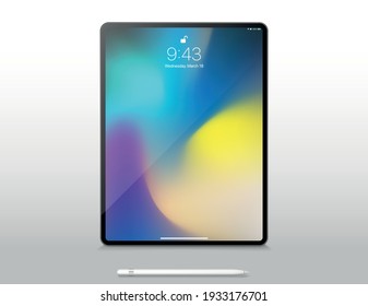 Realistic tablet computer lock screen with abstract colored geometric wallpaper. Big and small modern tablet PC design isolated on transparent background. Vector Illustration