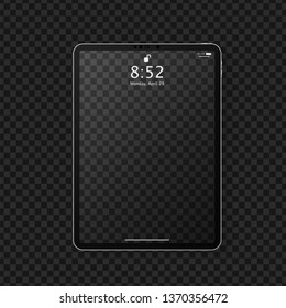 Realistic tablet computer mockup with transparent empty lock screen. Modern tablet PC template design isolated on grey transparent background. Vector Illustration