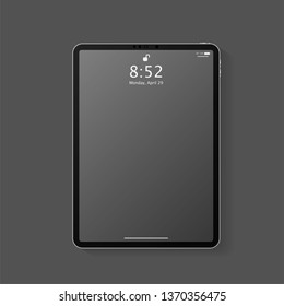 Realistic tablet computer mockup with transparent empty lock screen. Modern tablet PC template design isolated on dark grey background. Vector Illustration