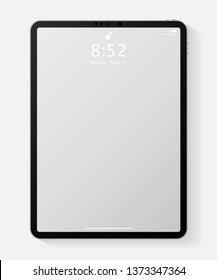 Realistic tablet computer mockup with transparent empty lock screen. Modern tablet PC template design isolated on white background. Vector Illustration