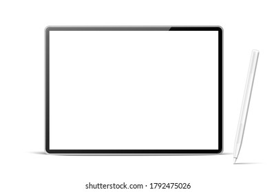 Realistic tablet computer with white pen for digital art and sketching mockup. Vector blank tablet pc with stylus pad. 3d mobile gadget with touch screen. Empty screen digital device for multimedia.