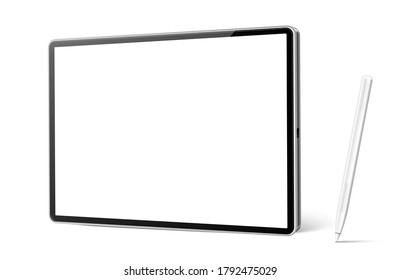 Computadora de tablet realista con lápiz blanco para arte digital y simulación de bocetos. Comprimido vectorial en blanco pc con almohadilla de lápiz. gadget móvil 3d con pantalla táctil. Dispositivo digital de pantalla vacío para multimedia.