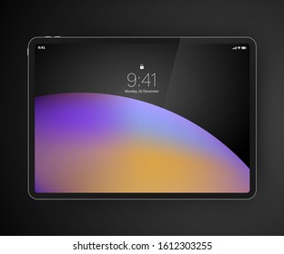 Realistic tablet drawing pad with start lock screen. Drawing pad device on dark background.