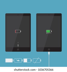 Realistic tablet / iPad icons collection with battery indicator and usb cable, black flat design device interface element for app ui ux web button, eps 10 vector isolated on white background