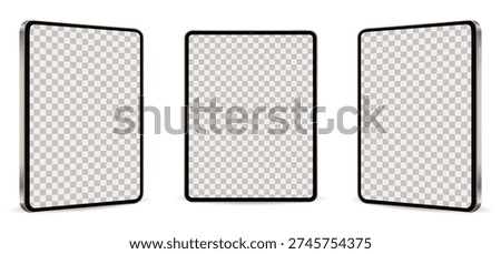 Realistic tablet mockup from angled view. Digital tablet pc isolated on white background. Set technology devices with empty display.