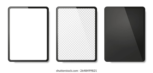Maqueta de tableta realista con tres pantallas en blanco en blanco, negro y transparente