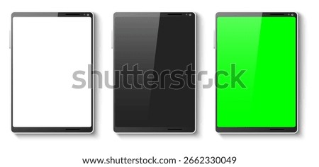 Realistic tablet mockup with white, black and green screens. Smart 3D gadgets front view. Display interface. Mobile application. Digital technology. Vector isolated devices set on white background