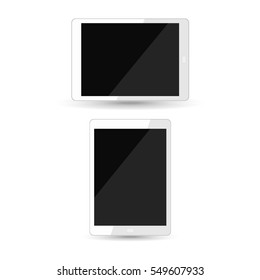 Realistic tablet pc with blank black screen isolated on white background, top view. Vector illustration.