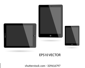 Realistic Tablet PC With Blank Screen. Vertical, Black. Isolated On White Background. Vector Illustration