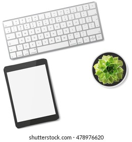 Realistic tablet pc with blank screen, modern aluminum computer keyboard and green succulent flower in ceramic pot isolated on white background. Vector  illustration. Eps10.