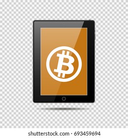 Realistic tablet pc computer with Bitcoin Cripto currency blockchain logo.