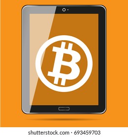 Realistic tablet pc computer with Bitcoin Cripto currency blockchain logo.