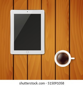 Realistic tablet pc computer with black screen and cup of coffee on wooden background. Vector eps10 illustration.