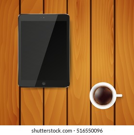 Realistic tablet pc computer with black screen and cup of coffee on wooden background. Vector eps10 illustration