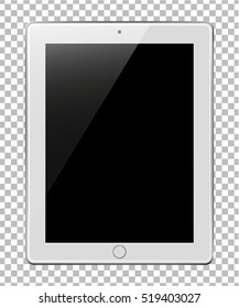 Realistic tablet pc computer with black screen on transparent background. Vector eps10 illustration.