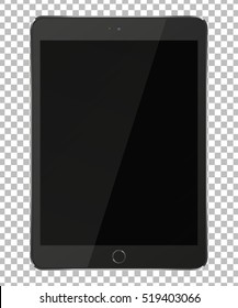 Realistic tablet pc computer with black screen on transparent background. Vector eps10 illustration.