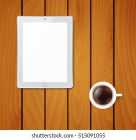 Realistic tablet pc computer with blank screen and cup of coffee on wooden background. Vector eps10 illustration.