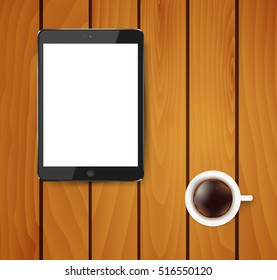 Realistic tablet pc computer with blank screen and cup of coffee on wooden background. Vector eps10 illustration