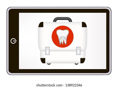 realistic tablet pc computer with briefcase and tooth icon. eps10 mesh vector illustration