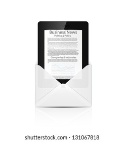 Realistischer Tablet PC-Computer mit Geschäftsnachrichten in weißem Umschlag einzeln auf weißem Hintergrund.Vektorgrafik.