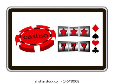 realistic tablet pc computer with casino chips. eps10 mesh vector illustration 