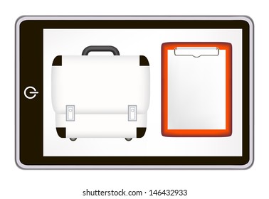 realistic tablet pc computer with first aid box icon, pen, pencil, green leaves brunch. eps10 mesh vector illustration 