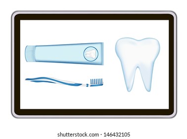 realistic tablet pc computer with tooth,  toothbrush,  toothpaste. eps10 mesh vector illustration 