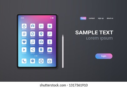 realistic tablet pc mobile application icons ui colorful screen on gray background digital technology concept horizontal copy space