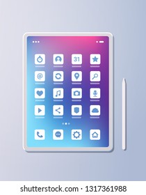 realistic tablet pc mobile application icons creative ui colorful screen on gray background digital technology concept vertical