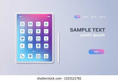 realistic tablet pc mobile application icons ui colorful screen on gray background digital technology concept horizontal copy space