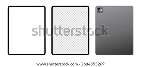 Realistic tablet pc mockup design with blank screen in front and back angle. Vector illustration