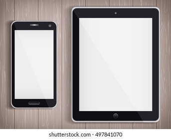 Realistic Tablet PC and Phone with white screen. Vector Illustration