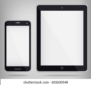 Realistic Tablet PC and Phone with white screen. Vector