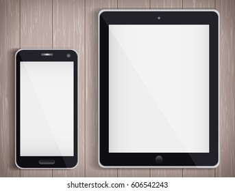 Realistic Tablet PC and Phone with white screen. Vector