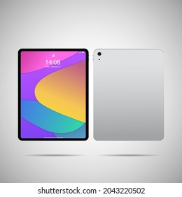 Realistic tablet PC. Vector illustration in trendy thin frame design with front and back side view. 