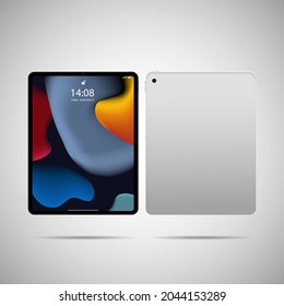 Realistic tablet PC. Vector illustration in trendy thin frame design with front and back side view. 