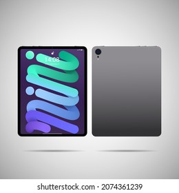 Realistic tablet PC. Vector illustration in trendy thin frame design with front and back side view. 