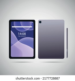 Realistic tablet PC. Vector illustration in trendy thin frame design with front and back side view. 