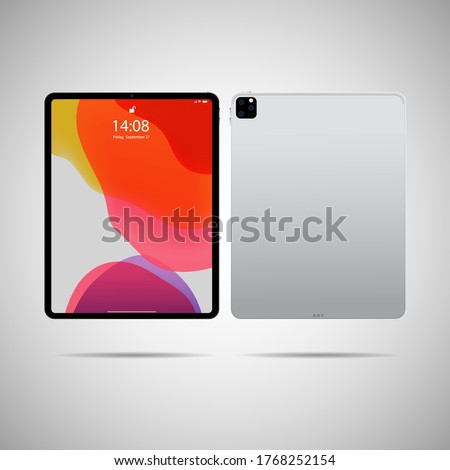 Realistic tablet PC. Vector illustration in trendy thin frame design with front and back side view. 