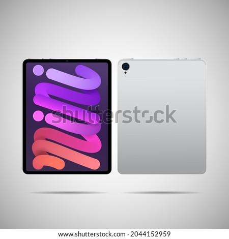 Realistic tablet PC. Vector illustration in trendy thin frame design with front and back side view. 