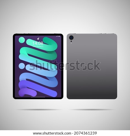 Realistic tablet PC. Vector illustration in trendy thin frame design with front and back side view. 